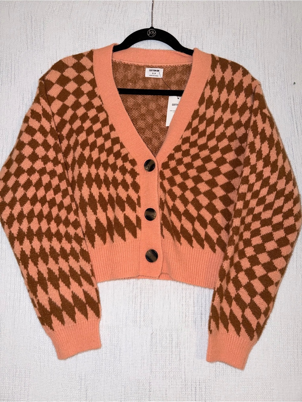 Cotton On Checkerboard Cropped Cardigan Pink Brown Coquette Y2K Indie Sleaze S
